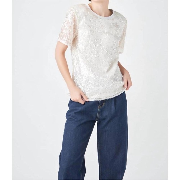 GREY LAB Sequin Short Sleeve Top‎ White Nude Pink NWT Size M - Picture 3 of 9